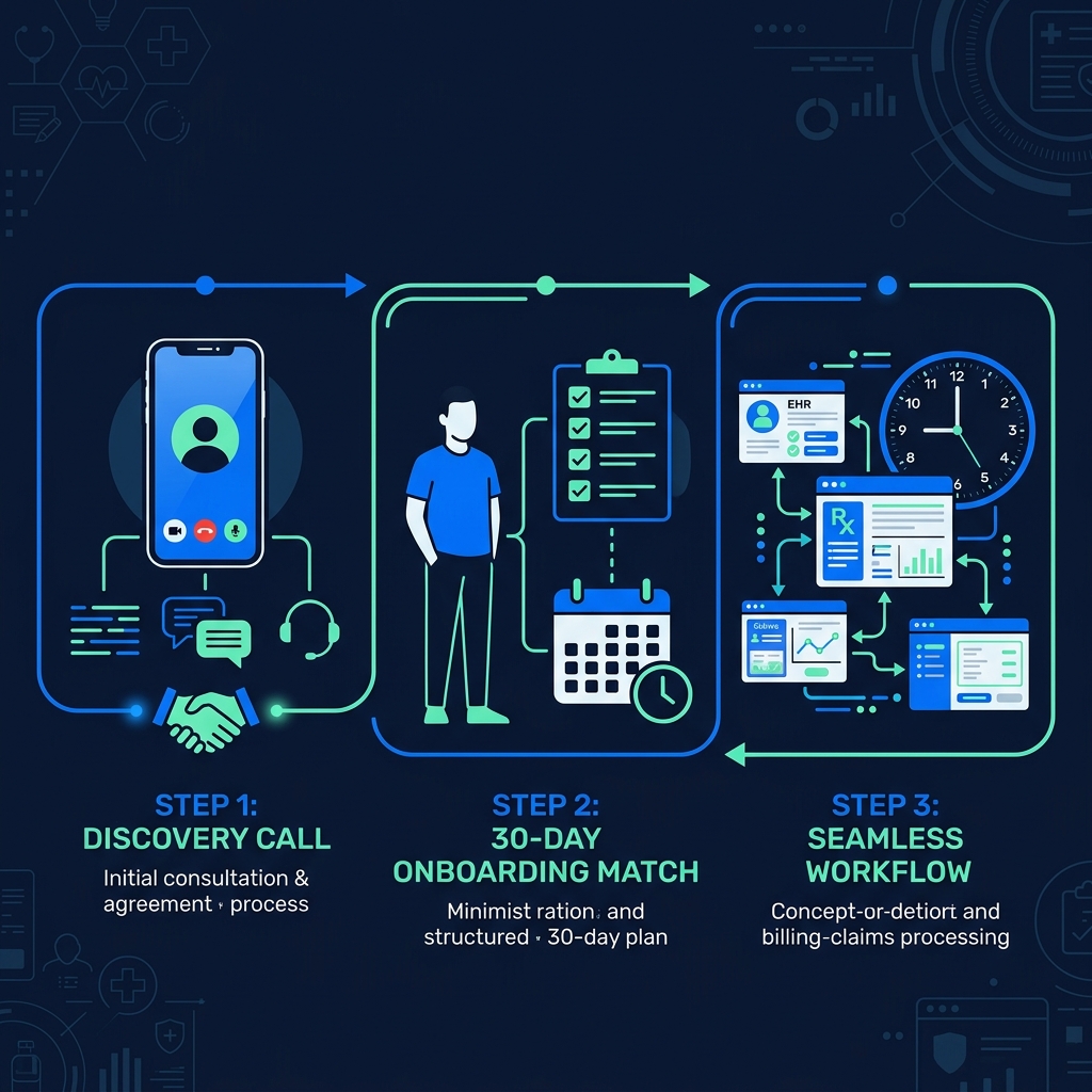 3-step onboarding process: Discovery Call, 30-Day Match & Onboard, Your Biller Your Hours